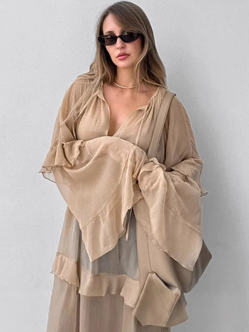 Women Ruffle V Neck Long Dress Elegant Solid Loose Full Sleeve Mesh Maxi Dresses 2025 Fashion Lady Summer Beach Cover Up Robe