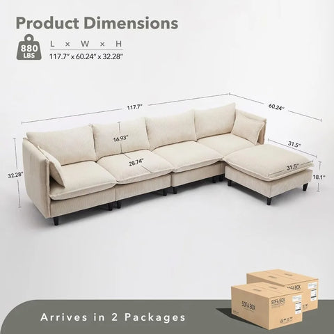 117" L Shaped Sectional Couch with Removable Ottoman 5 Seater Modular Sofa with Adjustable Armrests and Backrests Modern Sofas